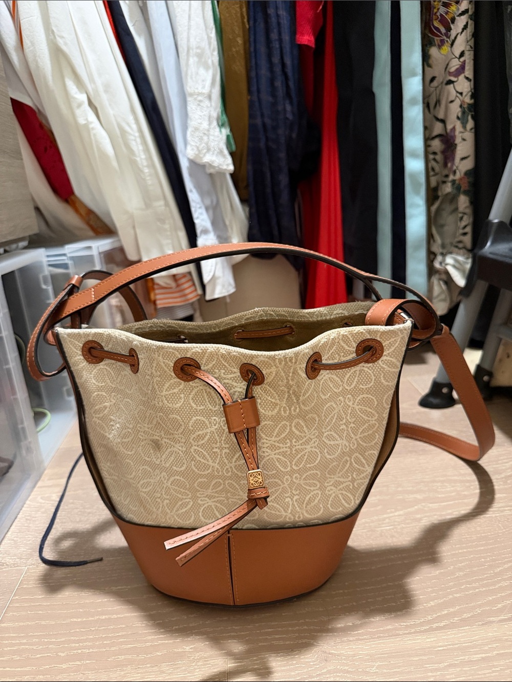 Cream Canvas & Tan Leather Bucket Bag - Women's Shoulder Bag